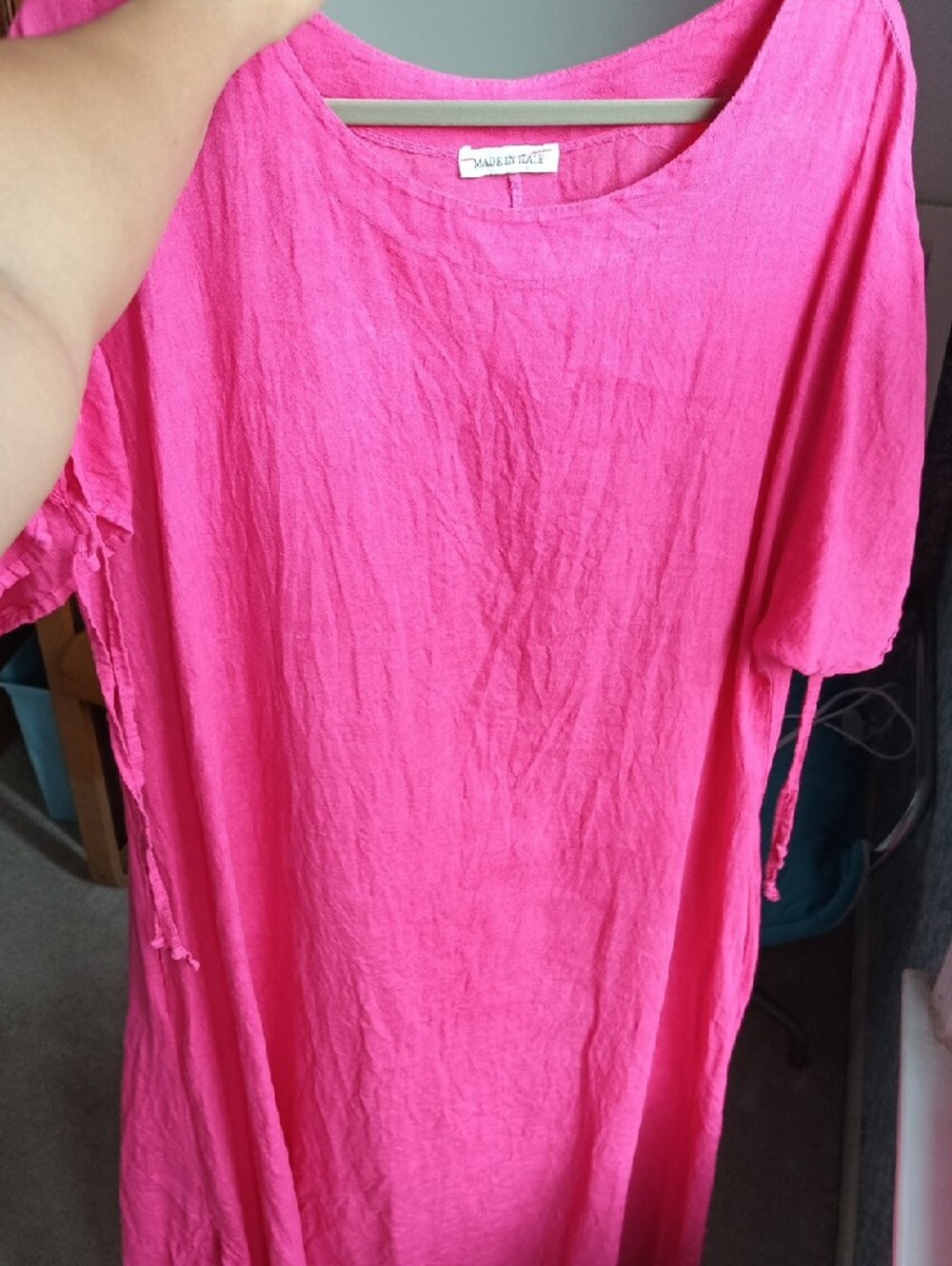 Bright Pink LG Women's Linen Tunic Dress W/ Pockets & Sleeve Ties -Made In Italy